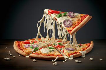 Freshly made supreme pizza with a delicious cheese stringy slice pulled next to the fixings. Generative AI
