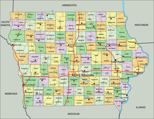 Iowa - Highly detailed editable political map with labeling.