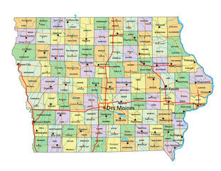 Iowa - Highly detailed editable political map with labeling.