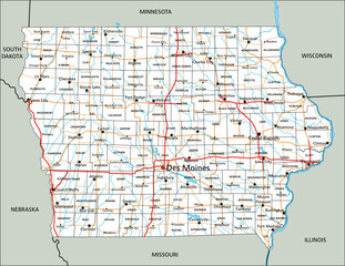 High detailed Iowa road map with labeling. - obrazy, fototapety, plakaty
