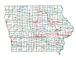 Iowa road and highway map. Vector illustration.