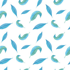 Fototapeta na wymiar Watercolor blue tropical leaves seamless pattern isolated on white background. Colorful jungle illustration.