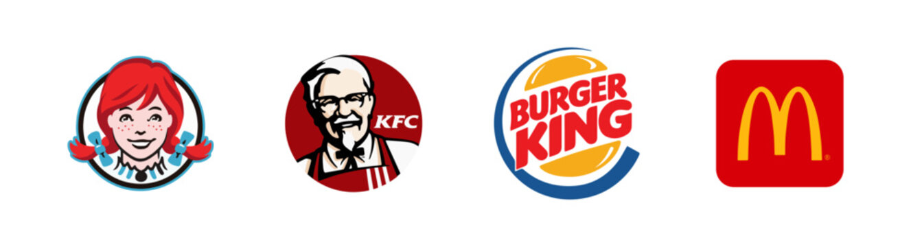 Brands of popular FastFood and restaurant. Wendys , McDonalds, KFC, Burger King. Fast food chain. Editorial