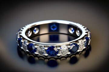 Blue sapphire and diamond half eternity ring created with generative AI technology