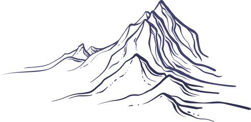Mountain peaks, sketch. Vector illustration in engraving style. 
Hand drawn background. Graphic landscape. Extreme sport, hiking, rock climbing