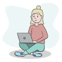 Home from work concept. Young woman working in home, sitting with laptop. Student or freelancer. 