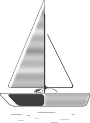 Vector sketch illustration. Sailing boat. Sea yacht floats on the surface of the water.