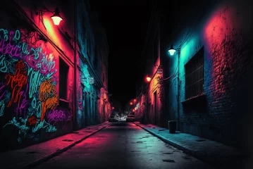 Foto op Plexiglas Graffiti Street by night with colorful graffiti on the wall