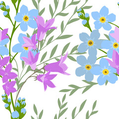 Seamless pattern of forget-me-nots and bluebells. Vector illustration