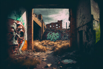 View of destroyed wall with graffiti in abandoned building, Generative Ai - obrazy, fototapety, plakaty