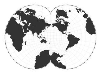 Vector world map. August's epicycloidal conformal projection. Plain world geographical map with latitude and longitude lines. Centered to 180deg longitude. Vector illustration.