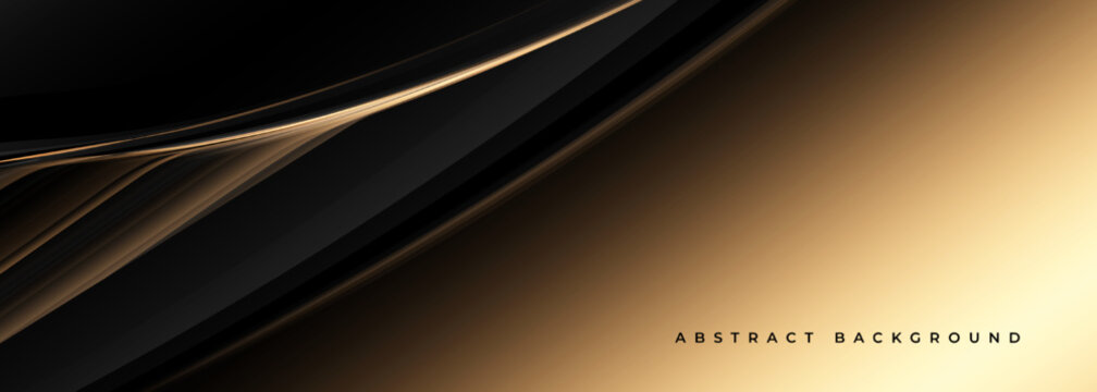 Black and gold luxury abstract wide banner design with golden lines. Vector illustration
