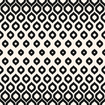 Vector geometric seamless pattern with halftone effect, leaves, drops. Abstract black and white background with gradient transition. Trendy retro style repeat geo design for decor, print, embossing