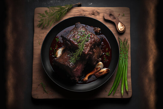 beef short ribs with a bone in the flanken style karubi. Generative AI