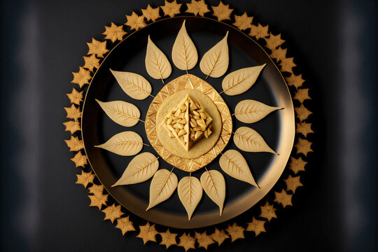 Symbolic Golden or Piliostigma leaf or Bauhinia racemosa, also known as Apta patti, are arranged in a circle for the Indian festival of Dussehra, with a dish of the delicious Kaju Katli burfi in the c