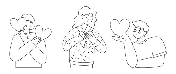 Valentine's day and love concept. Set of people holding hearts. Modern female and male characters.