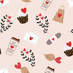 Valentine's day concept seamless pattern made with hand drawn doodles. Decorated with hearts.