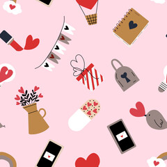 Valentine's day concept seamless pattern made with hand drawn doodles. Decorated with hearts.
