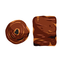 Two block of brown sweet palm brown sugar from top and front view. Gula jawa merah balok. Food sweetener ingredients vector illustration isolated on white background. Cartoon simple colored drawing.