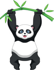 cute panda cartoon hanging on a bamboo tree