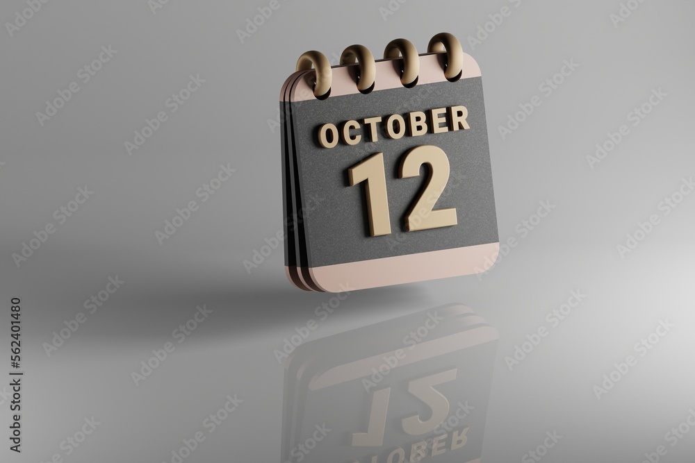 Poster Standing black and golden month lined desk calendar with date October 12. Modern design with golden elements, 3d rendering illustration. White ceramic reflection background...