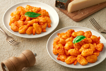 Two white plates POTATO GNOCCHI in tomato sauce and basil leaves on a natural stone background. High angle view. Studio shot.
