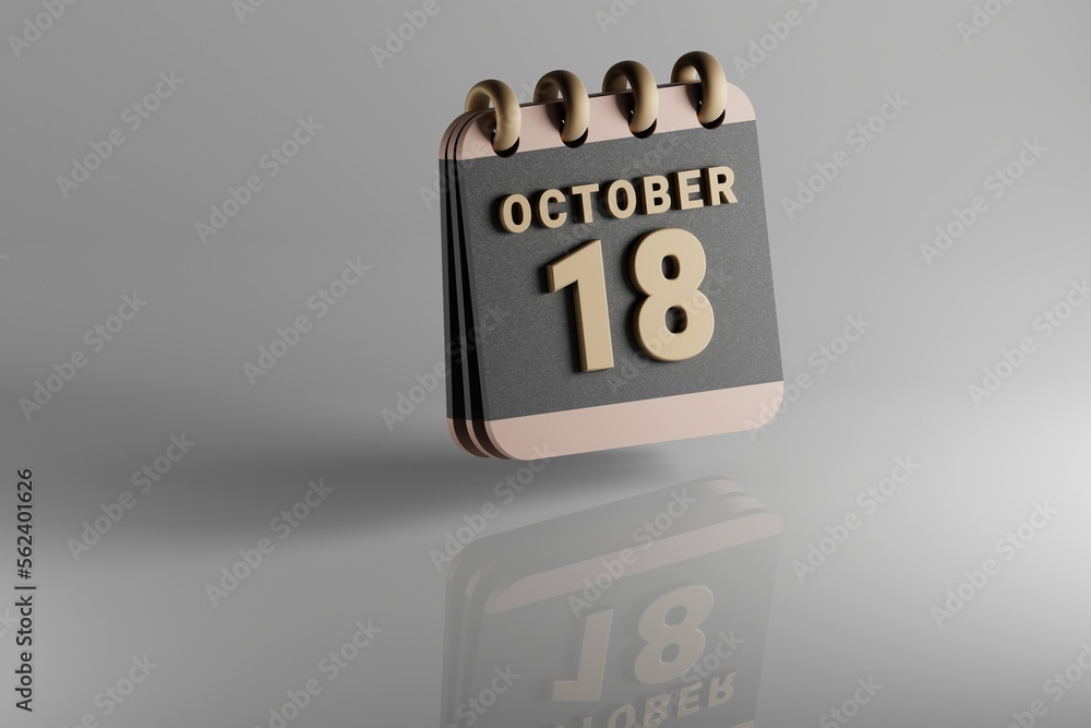Poster Standing black and golden month lined desk calendar with date October 18. Modern design with golden elements, 3d rendering illustration. White ceramic reflection background...