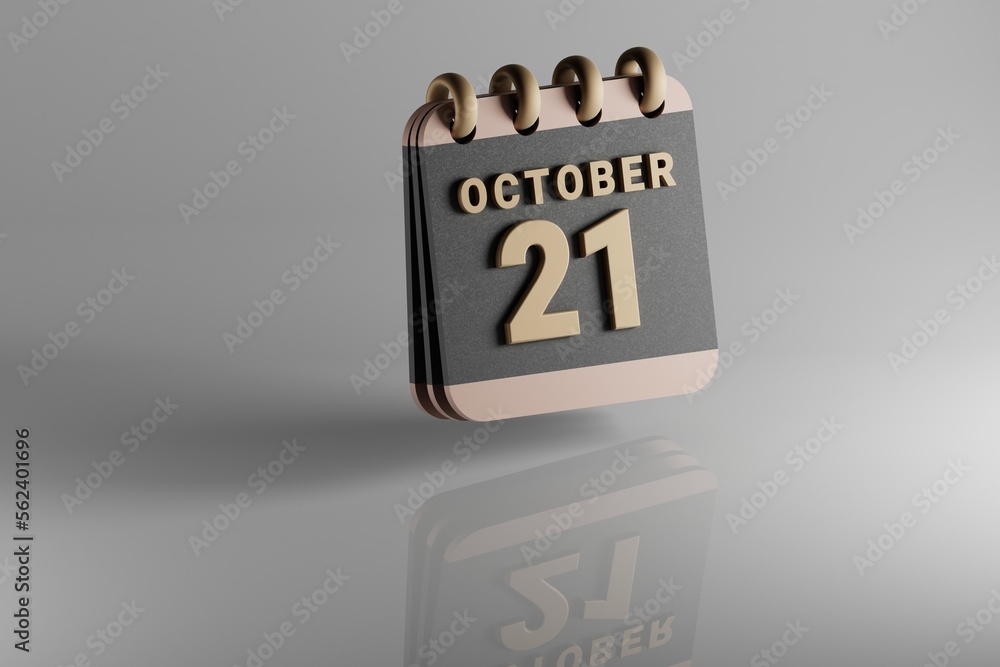 Poster Standing black and golden month lined desk calendar with date October 21. Modern design with golden elements, 3d rendering illustration. White ceramic reflection background...