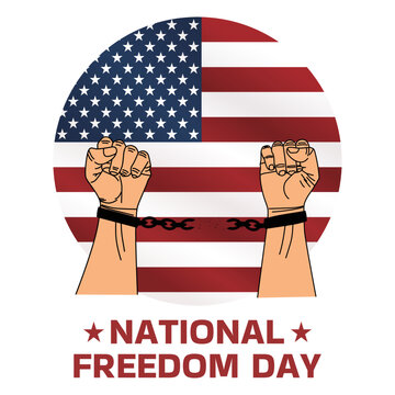 graphic vector illustration of national freedom day with round american flag and two hands uncuffing