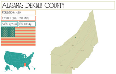 Large and detailed map of De Kalb county in Alabama, USA.