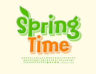 Vector funny Emblem Spring Time. Playful Green Font. Creative handwritten Alphabet Letters and Numbers