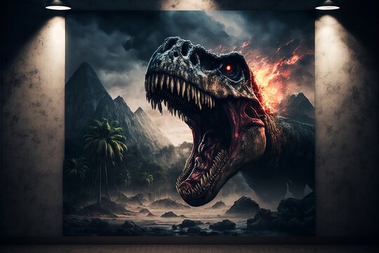 Tyrannosaurus rex roaring showing teeth on a stormy night.
