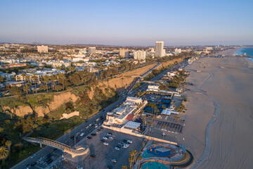 Sunset in Santa Monica, Los Angeles, California. Situated on Santa Monica Bay, it is bordered on...