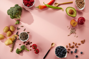Assorted fresh veggies fruits and berries with seeds placed on pink background