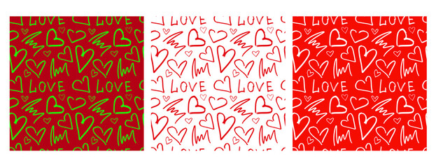 Set of seamless vector heart patterns. Valentine's Day. Printing house. Holidays. Marketing. Feelings. The 14th of February. Seamless pattern. Hearts. Decor. Background.