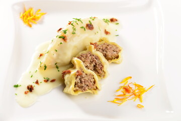 Dumplings stuffed wizh minced meat and mashed potato