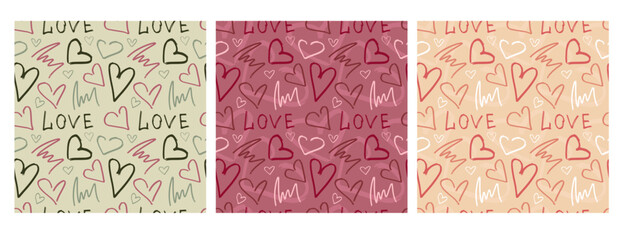 Set of seamless vector heart patterns. Valentine's Day. Printing house. Holidays. Marketing. Feelings. The 14th of February. Seamless pattern. Hearts. Decor. Background.