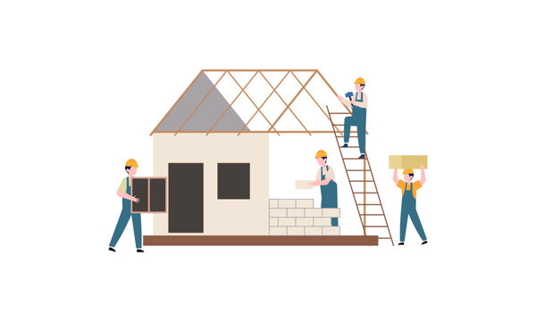 Houses construction process. Team of builders build wood home illustration