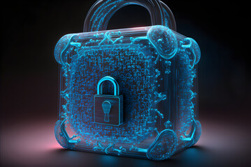 Holographic blue padlock for ybersecurity and data protection created with generative AI technology