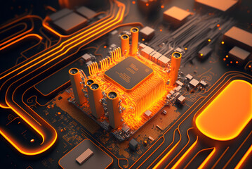 Motherboard circuit with CPU and glowing orange electric signals created with Generative AI Technology