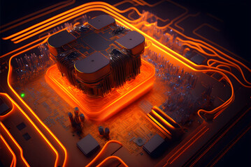 Motherboard circuit with CPU and glowing orange electric signals created with Generative AI Technology