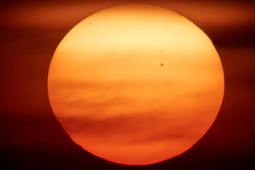 Big sun with sunspots photographed through a large focal telescope.