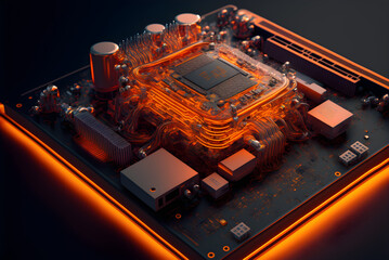 Motherboard circuit with CPU and glowing orange electric signals created with Generative AI Technology