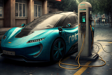 Electric car charging in the rain created with Generative AI Technology