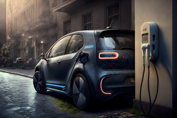 Electric car charging in the rain created with Generative AI Technology