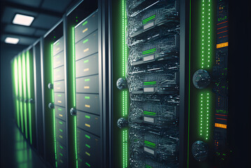 Server racks in data center created with generative AI technology