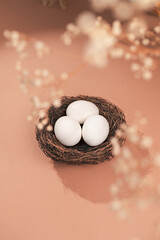 Eggs on a beige background.  Nest containing three egg. Minimal Easter concept with copy space for text.  