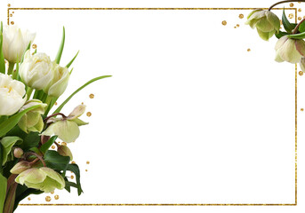 Beautiful corners with white tulips and green hellebore flowers and golden glitter frame isolated...