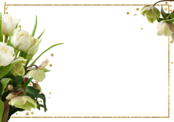 Beautiful corners with white tulips and green hellebore flowers and golden glitter frame isolated on white or transparent background
