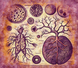 Drawings of microbes in antique book, illustration